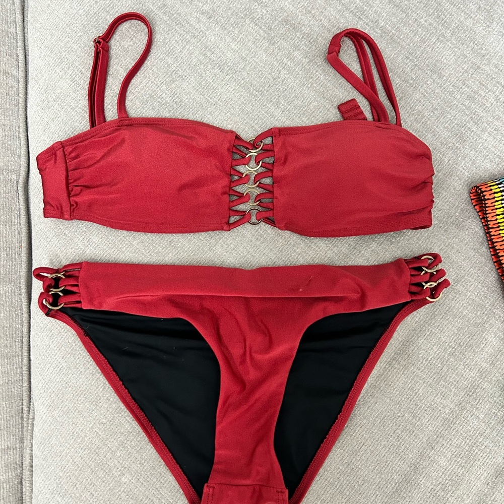 Red Two-Piece Lace-Detail Bikini Set